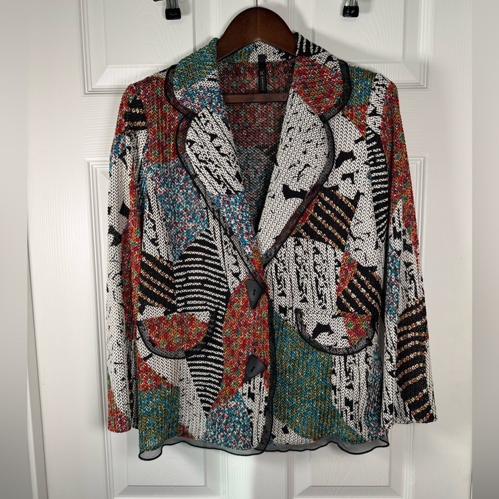 IC by Connie K Artsy Abstract Multicolored Knit Blazer Jacket Womens Size Small